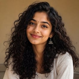 Maya, smiling, photographed close up